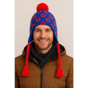 Cozy Blue Red Pom Pom Knit Winter Beanie Hat Après Ski Holiday Unisex Warm Cozy
